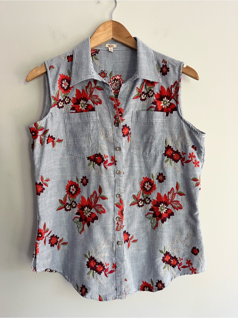 Reba Light Blue Striped Sleeveless Button-Down with Red Floral Embroidery Small